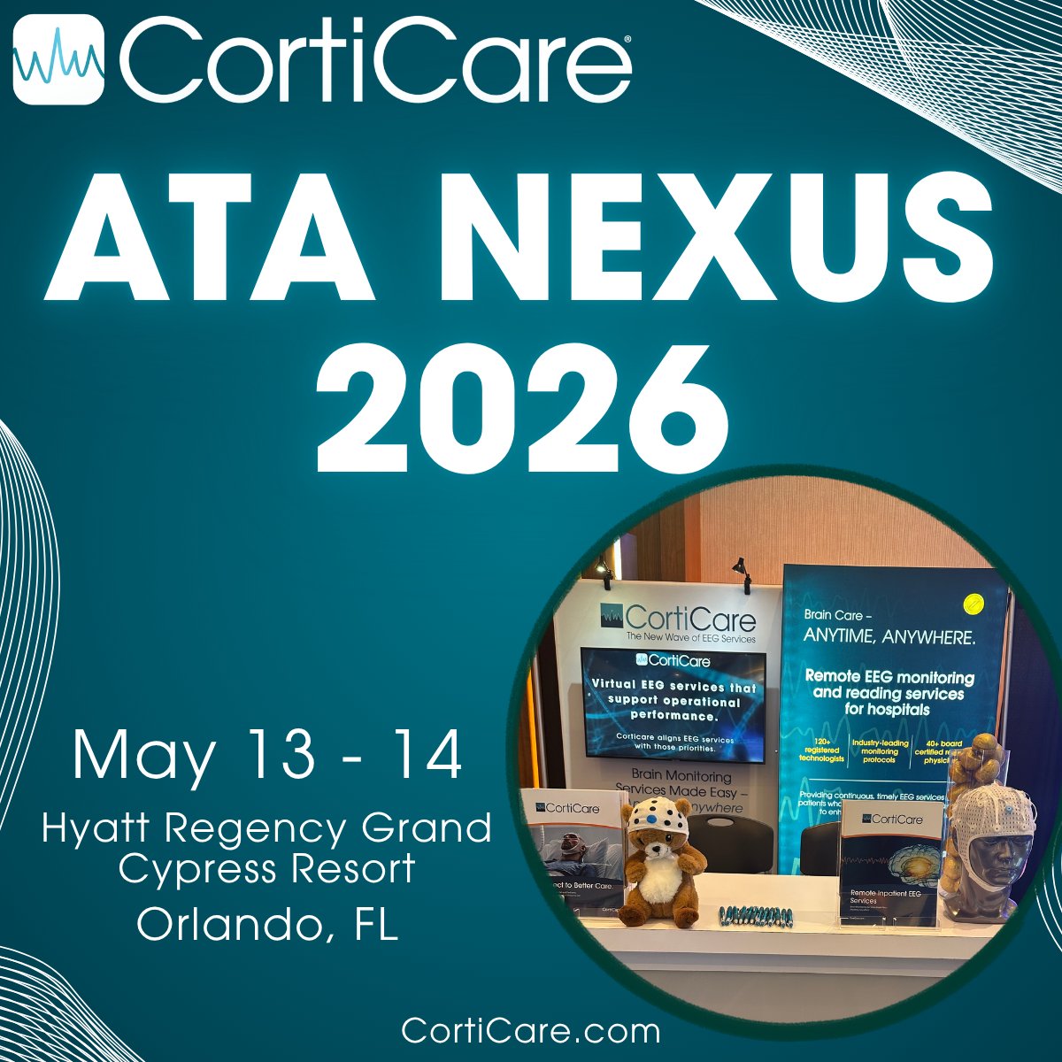 corticare's tweet photo. ATA Nexus 2026 starts today, and CortiCare is ready for two days of meaningful conversations around the future of neurological care!

Visit us during exhibit hours:
May 13 | 10:30 a.m. to 5:00 p.m.
May 14 | 11:00 a.m. to 5:00 p.m.

We’re connecting with healthcare leaders focused on expanding access, reducing delays, and strengthening critical care capacity through virtual EEG solutions.

Stop by during exhibit hours and let’s talk about what smarter neuro care can look like.

#ATANexus #Telemedicine #VirtualEEG #CriticalCare #Neurology #HealthcareLeadership #DigitalHealth #CortiCare