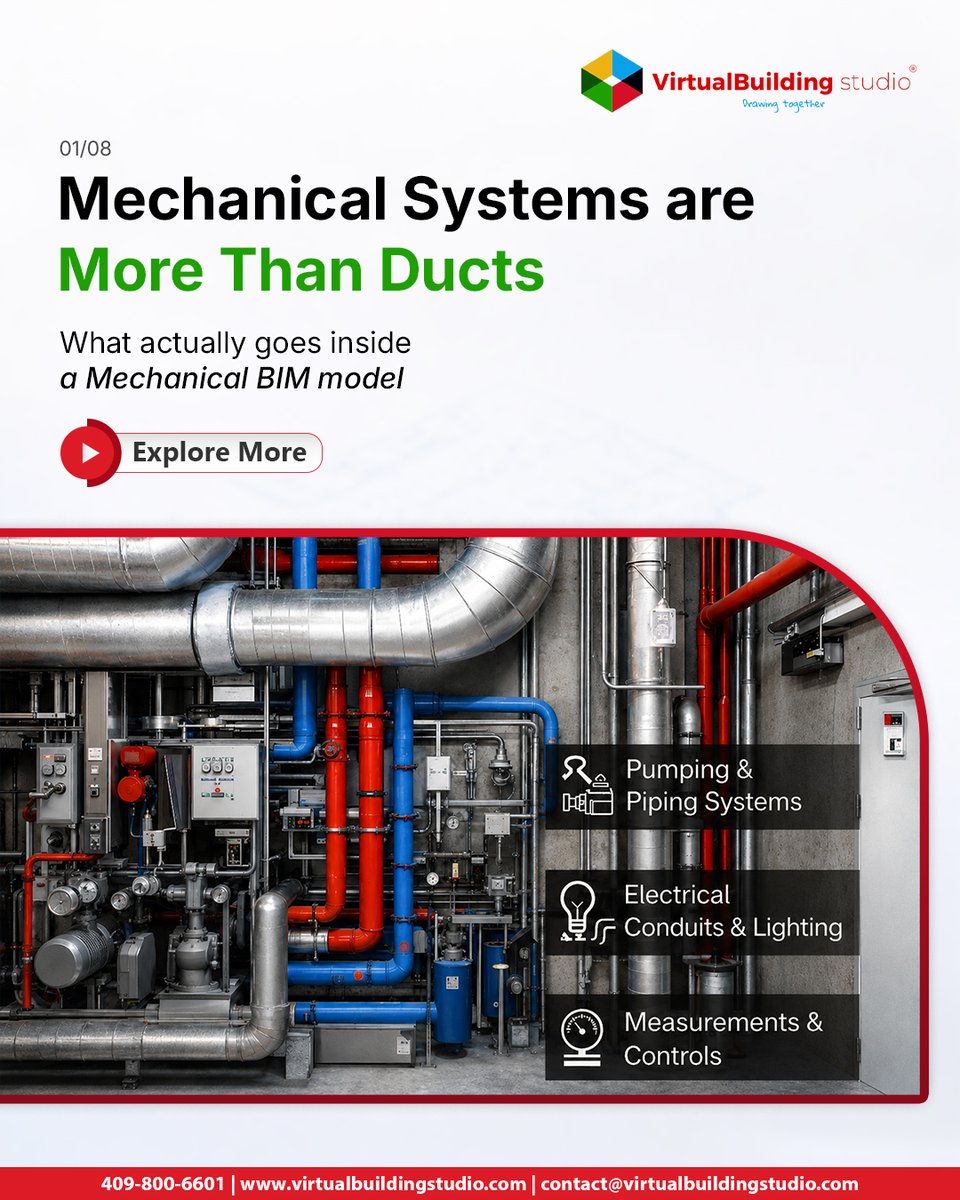 vbsglobal's tweet photo. Mechanical BIM ≠ just ducts.
 
It’s equipment, piping, air systems + the data behind them.
 
If your model is only geometry, coordination will fail.
 
Here we have broken down what actually goes inside a mechanical BIM model 👇
 
Read more: https://t.co/G6ZMufyiEy

#BIM #MEP https://t.co/9T6bWvqfil