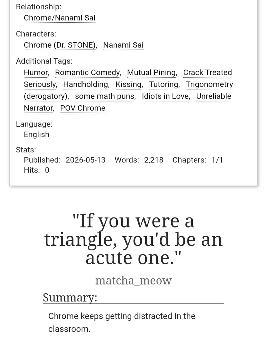 matchaaa_meow's tweet photo. my first time writing saichrome and it's a gift for @bishbjfycanon !! thanks for everything and happy (belated) birthday!! 💚

🦏💎saichrome 
warning: lots of math puns

https://t.co/rbAAXzVyiS https://t.co/VooYlgfOzv