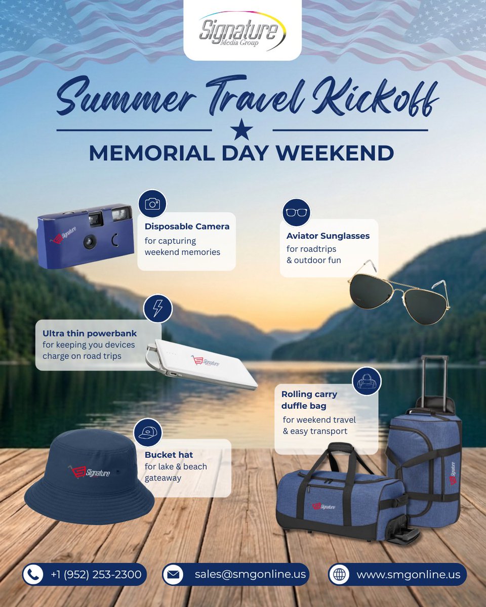 SignatureMediaG's tweet photo. Memorial Day Weekend kicks off summer travel season.☀️

From lake days to road trips, branded travel essentials like power banks, sunglasses, bucket hats, and duffle bags keep your brand moving with your audience.

👉https://t.co/SsE6G0kek9

#SummerTravel #MemorialDayWeekend https://t.co/Kml4dAQ6Zd