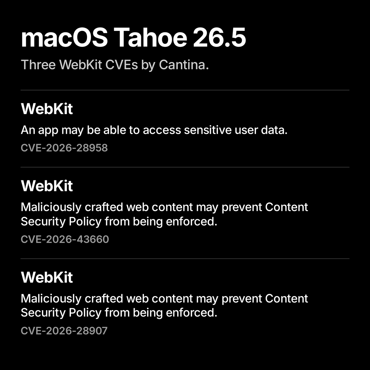 hrkrshnn's tweet photo. Cantina was mentioned thrice in @Apple's security update yesterday.

We're doing our part in the looming bugapolypse to protect critical infrastructure.

Update your Apple devices 🫡 https://t.co/gYPtRAnata