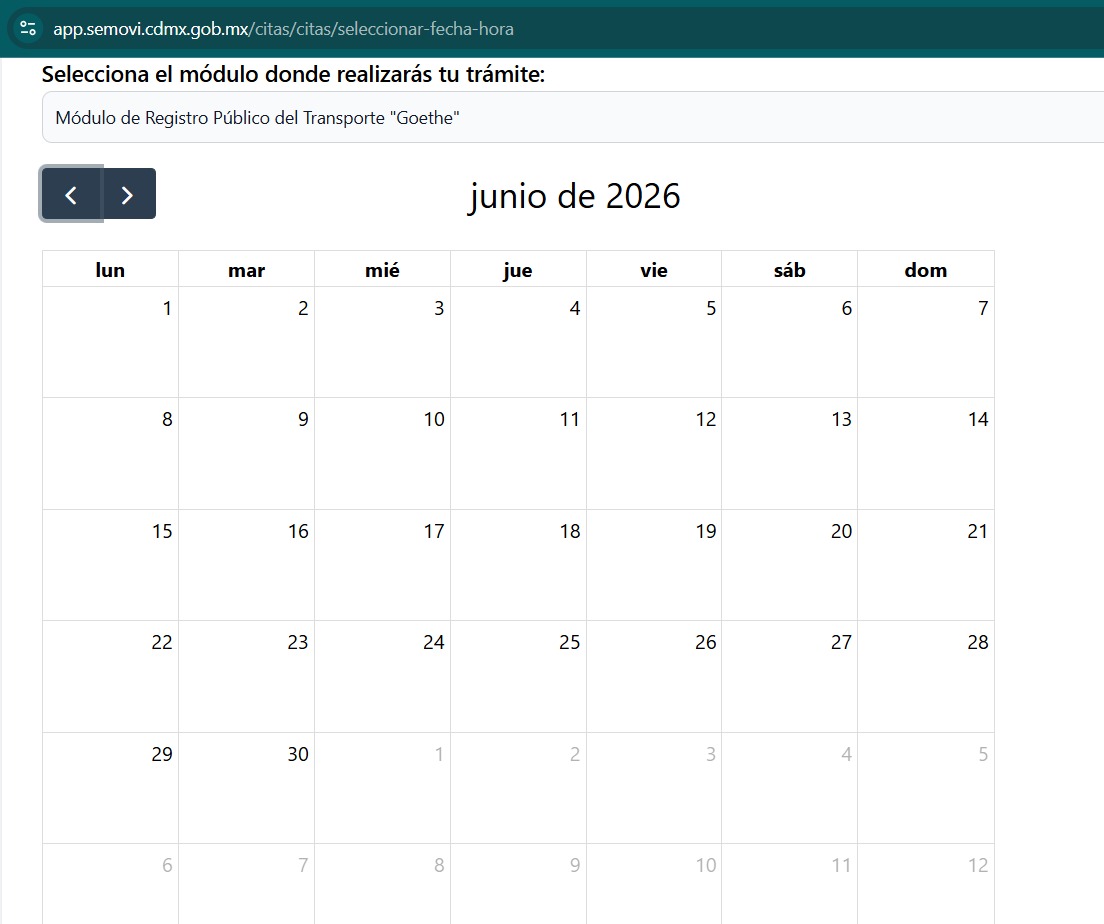 Sam_HMD's tweet photo. @LaSEMOVI buenas tardes, por qué no se pueden sacar citas para el módulo de registro público del transporte "Goethe"? el calendario solo se ve bloqueado aún intentando visualizar el siguiente mes https://t.co/xvjtC84Alt