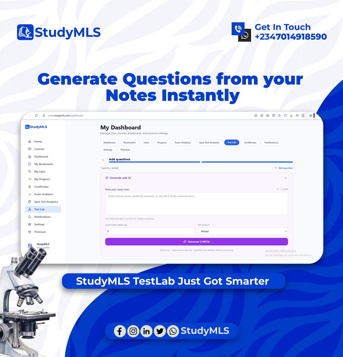 StudyMls's tweet photo. LATE NIGHT UPDATE.! 🌠🌃🚀

Your study routine just got smarter!😁🔬💙

StudyMLS TestLab now comes with AI features that allow you to turn your study notes into instant practice questions within seconds. 📚🤖

#studymls #mls #medicallaboratoryscience #medlab https://t.co/5TBGBVqRZj