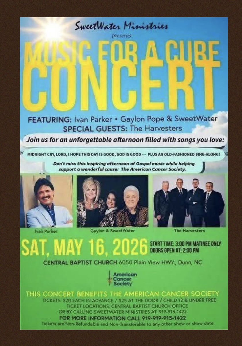 IvanParker's tweet photo. THIS Saturday‼️ Tickets are available to see Ivan Parker, Josh Parker,  Danny Parker &amp; The Harvesters Quartet with Gaylon Pope &amp; Sweetwater 
Dunn, NC ☎️ 
919–915–1422 https://t.co/4L3vOunBjp