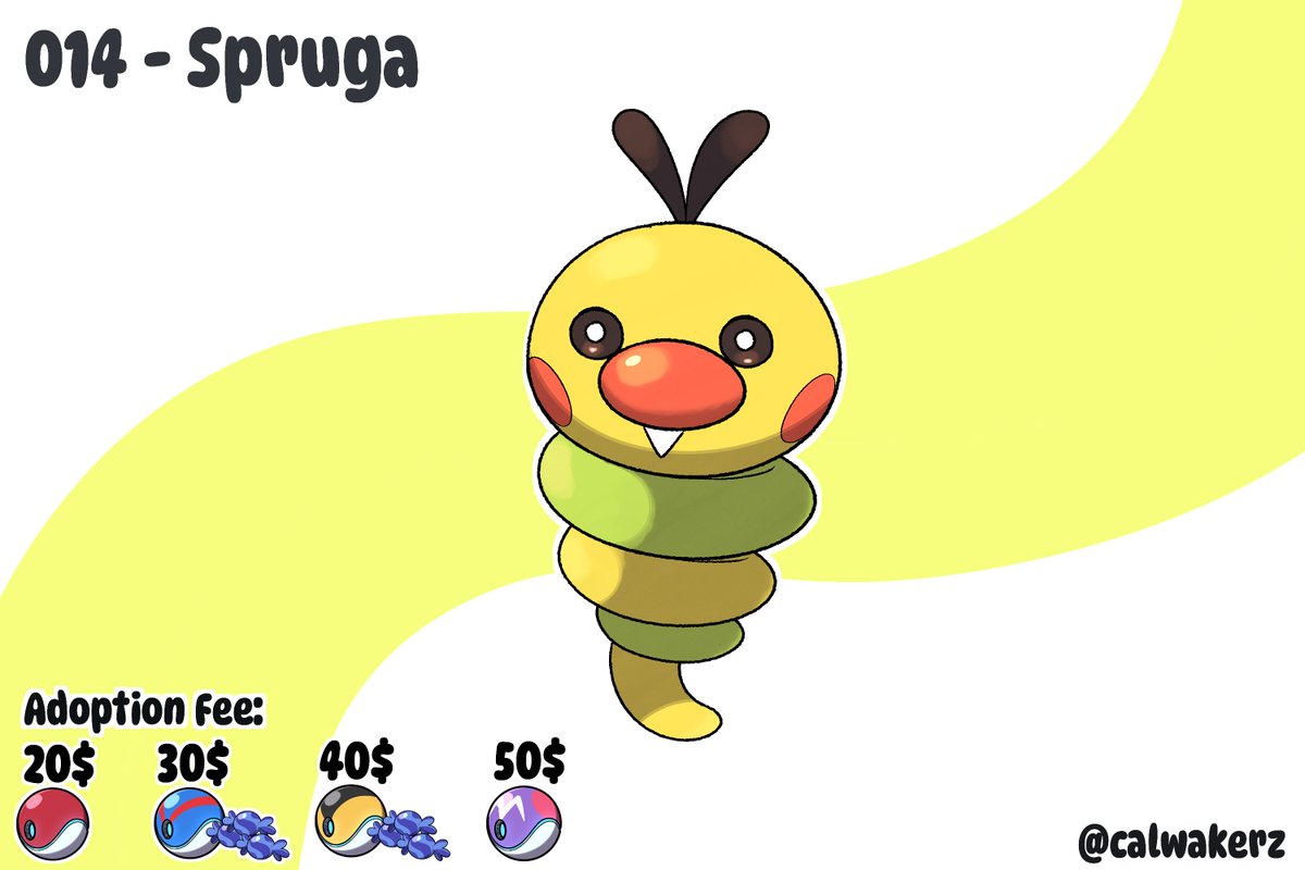 CalWakerz's tweet photo. You're in Route one now and a wild Pokémon appeared! Spruga, the Springwurm Pokémon. Bug-Type. This is just  a cute bug for your team! But as it evolves...

20$- Just this one 
30$- This one + one evolution  
40$- This one + two evolutions  

📷50$- Reserve this with 10$ and pay the rest within 10 days. It includes two evos.  
#Pokemon #fakemon #art