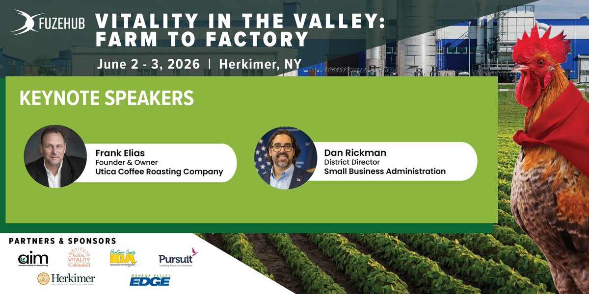 Fuzehub's tweet photo. Food, farming &amp; manufacturing come together at Vitality in the Valley: Farm to Factory 🌱
Join us June 2–3 at Herkimer College for local food, innovation, networking &amp; NYS makers.
➡️ Register today: https://t.co/vZosT4XlJP
#VitalityintheValley #Manufacturing #FoodInnovation https://t.co/Zopii2Q3Ki