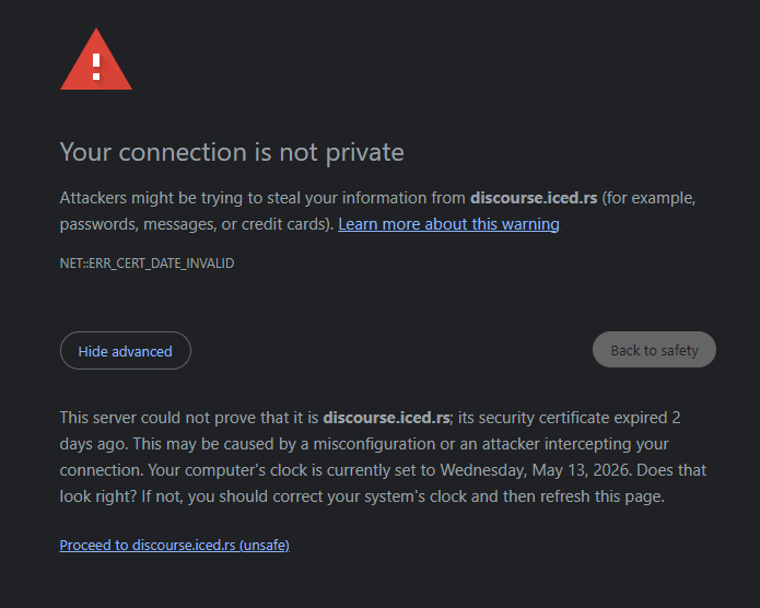 bs_blackscout's tweet photo. Whoever owns https://t.co/FFCOtbOjC9 has forgot to renew their certificate #rust #rs #rustaceans https://t.co/ekIJ6xMnri