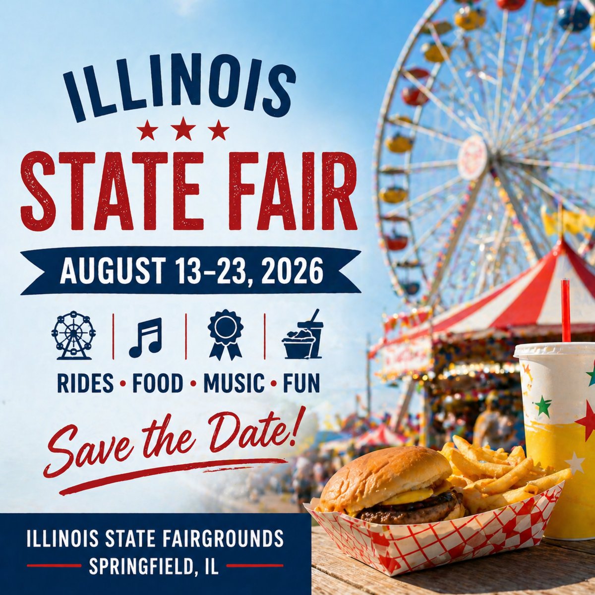 Springfield_CI's tweet photo. Get ready for one of the biggest events of the summer 🎡

The Illinois State Fair returns August 13–23 with rides, food, live music, and nonstop fun at the fairgrounds. It’s a must-do while you’re in Springfield!

Book your stay today: https://t.co/e39fxTpDxm https://t.co/5UHmWrcgf6