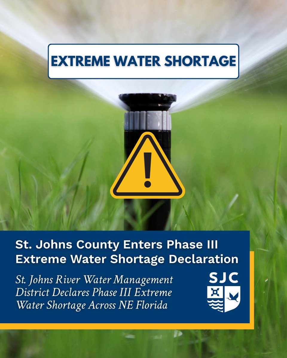 StJohnsCounty's tweet photo. Extreme Water Shortage ⚠️💧 The @sjrwmd has issued a Phase III Extreme Water Shortage Declaration affecting St. Johns County and several other counties across Northeast Florida following prolonged dry conditions and declining groundwater levels. https://t.co/mwKKJsdGyu

#MySJCFL https://t.co/5XL9vrgQKH