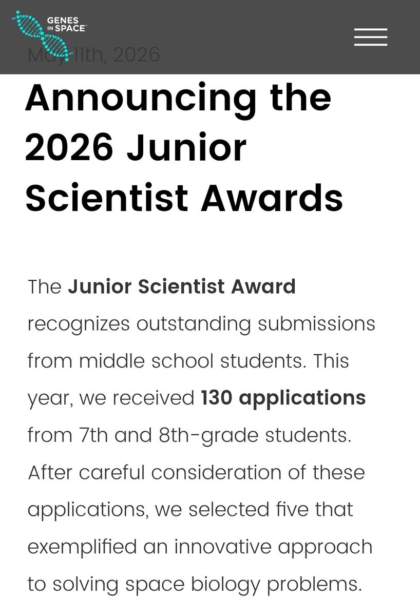 BCMAR_HISD's tweet photo. Congratulations to our 8th grade Bulldog, ✨️Londyn Christmas✨️, for winning thr 🏆Junior Scientist Award🏆 in the 2026 Genes in Space contest for space biology research proposals!

Congratulations also to her mentor, Mr. Herbolario, and to her family!

#BCMAR #HoustonISD https://t.co/BKgysXA90M