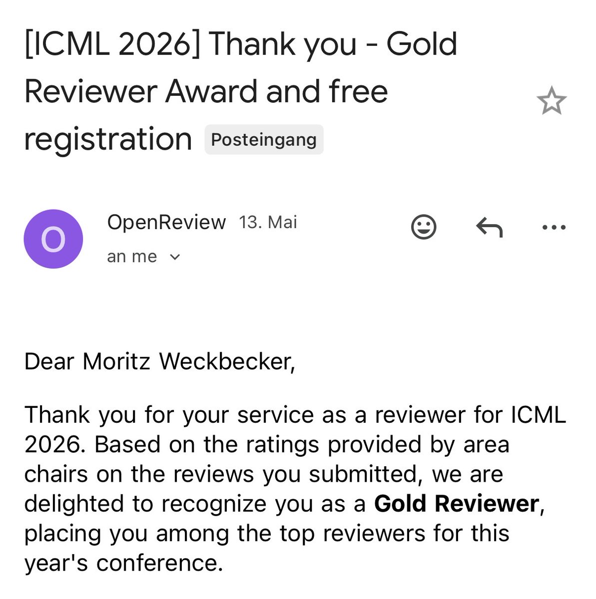 MWeckbecker's tweet photo. Very happy to have been named a Gold Reviewer by ICML! It‘s nice to get some positive feedback for the work of reviewing in a world of AI and human slop reviews.

Now wish me luck for the workshop submissions! https://t.co/fdWjDpT5CY
