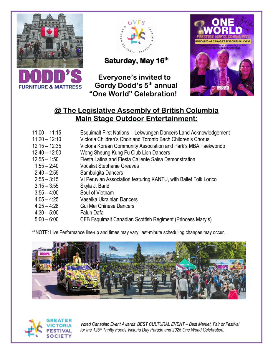 GsDodd's tweet photo. @gvfsvic and @ThriftyFoods proudly present an EPIC 3 DAYS OF FREE, FAMILY FUN! Here’s what’s happening on the Grounds of the BC Legislature starting Saturday at 11: It's @DoddsFurniture's 5th annual One World Festival! https://t.co/hOjFQDPwWg