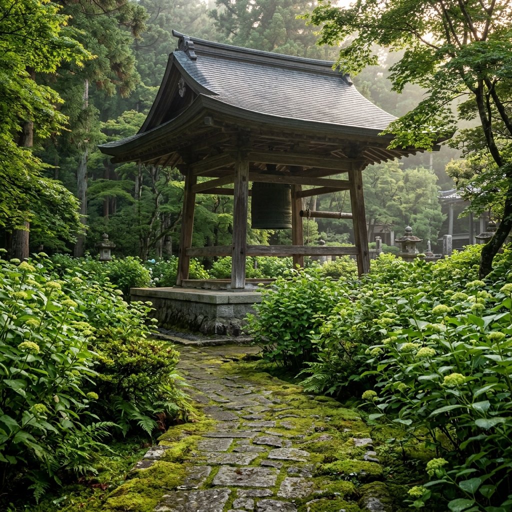 dfl_inc_jp's tweet photo. AI image generation
#Nano Banana 2 #masterpiece #realistic photo #landscape #Temple bell pavilion #hydrangea buds forming #moss-covered paving #dramatic side lighting #contemplative silence https://t.co/xynbXvPKDg