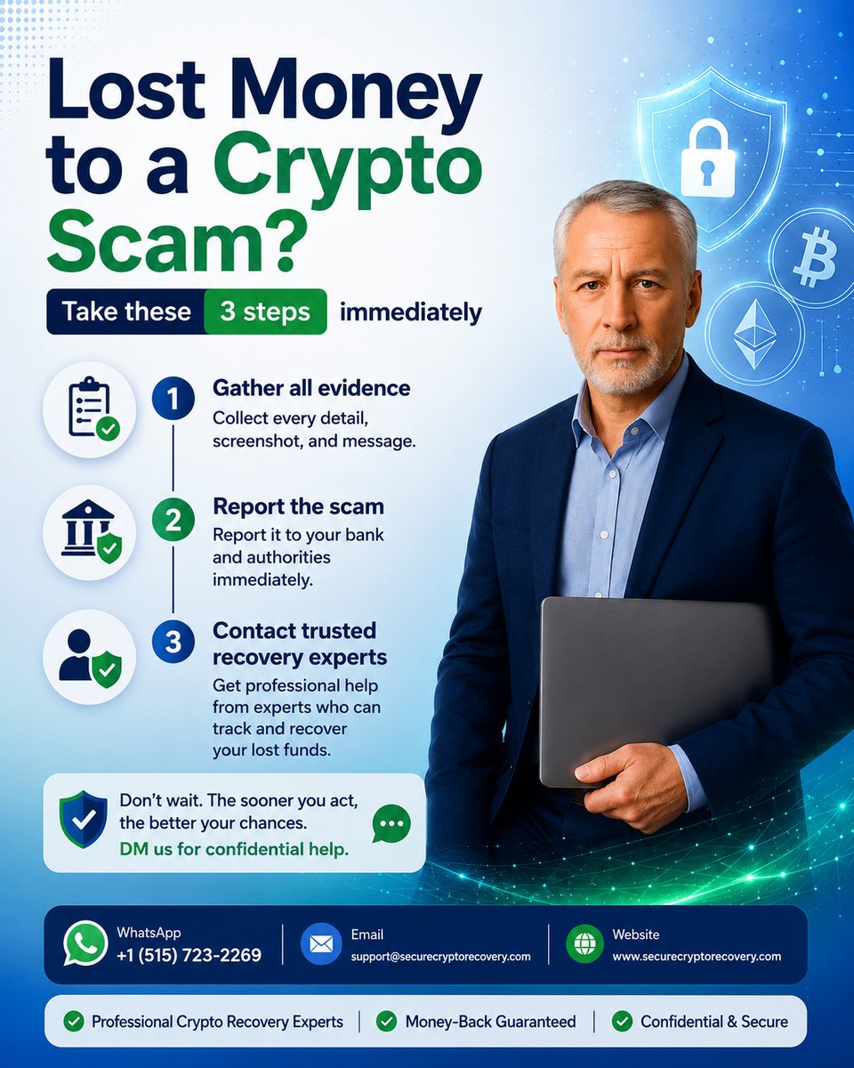 SecureCryptoRec's tweet photo. Lost money to a crypto scam?

@SecureCryptoRec is here to help you recover your digital assets safely and confidentially.

+1 (515) 723-2269
support@securecryptorecovery.com
https://t.co/fY6hYHIDhT

#CryptoRecovery #CryptoScam #Bitcoin #Ethereum #Blockchain #Scam https://t.co/Kukv6NW0Qs