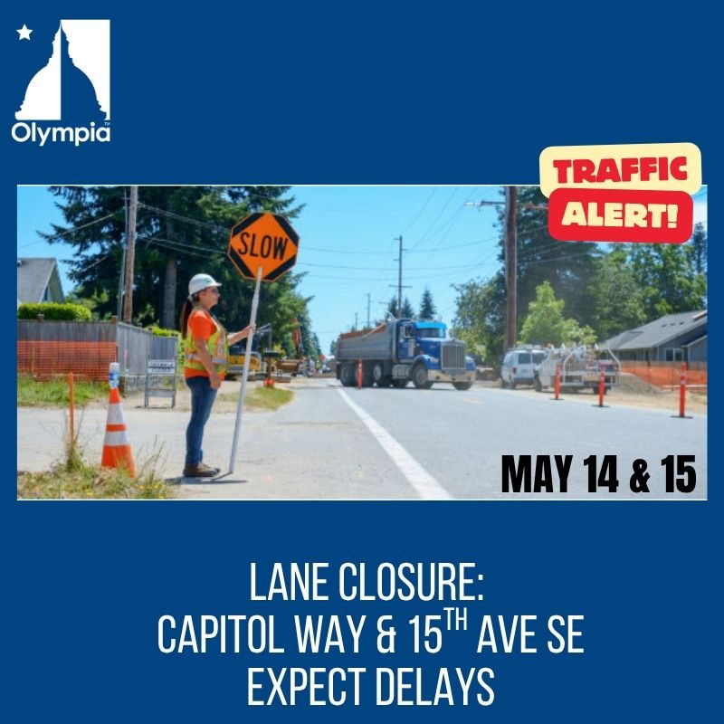 OlyProjects's tweet photo. Water main repair at Capitol Way S. and 15th Ave. SE from Thursday, May 14 at 2pm through Friday, May 15 at 3am. One northbound lane on Capitol Way will be closed; please use caution and expect delays in the area. Thank you for your patience while crews complete this work. https://t.co/nB8J0TKlmS