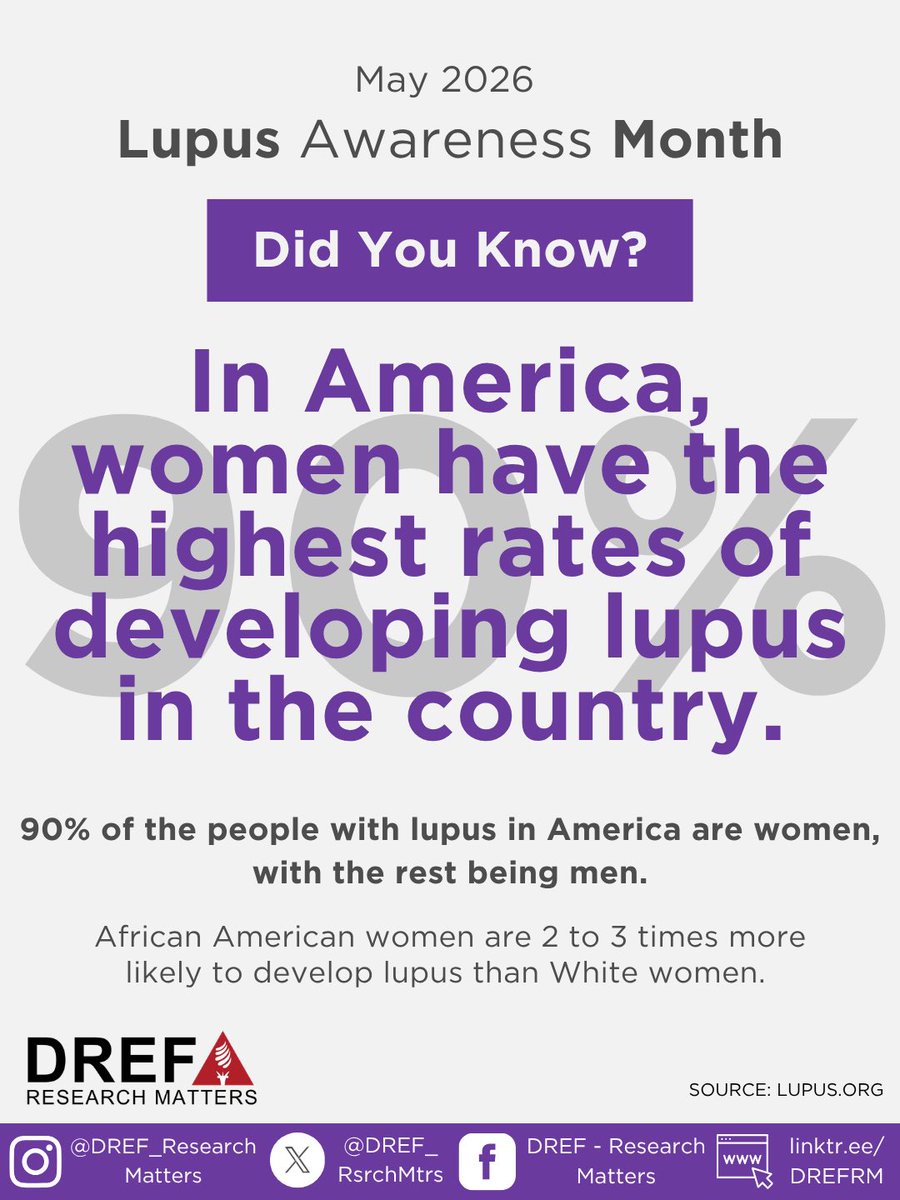 DREF_RsrchMtrs's tweet photo. It’s Lupus Awareness Month! 💜🦋

Wondering what exactly lupus is? 🤔 It’s a complex and misunderstood autoimmune disease that affects thousands of people every single day. 

#dyk Women make up 90% of those affected by lupus, with most people developing the disease between the ages of 15 - 44? 

This May, we’re recognizing #lupusawarenessmonth by bringing awareness to why research matters in closing the health disparities gap related to #lupus 👀🔬

You can learn more about what lupus is and how to get involved at @LupusOrg 💻 Then, visit the link 🔗 in our bio to see how you can make a difference in making sure research includes autoimmune conditions like lupus!

#lupuswarrior #researchmatters