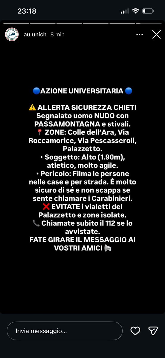 mori_aarty's tweet photo. non penso di avere moots di qui, ma per chiunque viva a chieti stay safe, fate girare se possibile, sono arrivati altri messaggi in cui dicevano che è stato avvistato anche con un coltello https://t.co/xPEtsd5Fpt