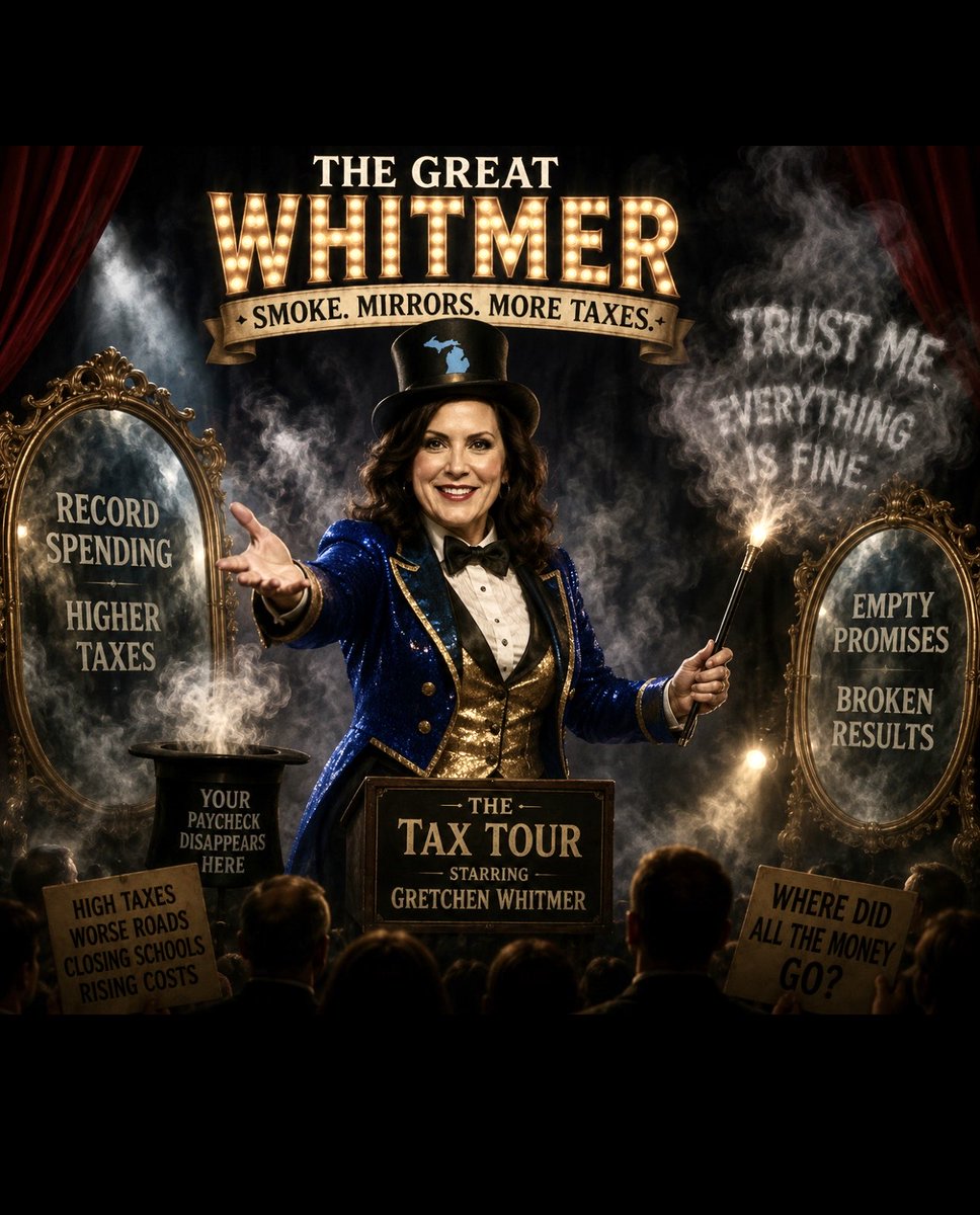 Goody2Shoes46's tweet photo. ABRACADABRA! ✨🎩

Wave the wand, dim the lights, Michigan taxpayers lose their rights.

ABRACADABRA! 
Poof  your cash! Gone so fast it made a splash.
Smoke and mirrors fill the stage, Meanwhile voters scream in rage.

“Fix the roads!” magic spin Another tax gets folded in. 

“Lower bills?” Now that’s funny  Watch the magician vanish money. 

ABRACADABRA! What a show! Where did all the tax dollars go… nobody knows.

One big smile, one magic hat, “Everything’s fine!” imagine that.

The crowds gasp while wallets shrink, And Lansing says: “Don’t overthink.” 🎪
ABRACADABRA… one final trick: Making common sense disappear real quick.