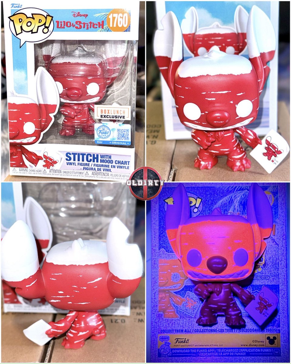old1rty_'s tweet photo. Picked up the @BoxLunchGifts exclusive Stitch with Mood Chart! Looks great in person and even has a bonus blacklight head (bad pic). New #BoxLunch sticker is cool: clean &amp; minimalist

#Funko #Stitch #Disney #FunkoPops #popvinyl #old1rty @DisTrackers @FunkoPOPsNews @pop_holmes https://t.co/fKbv4mpRo3