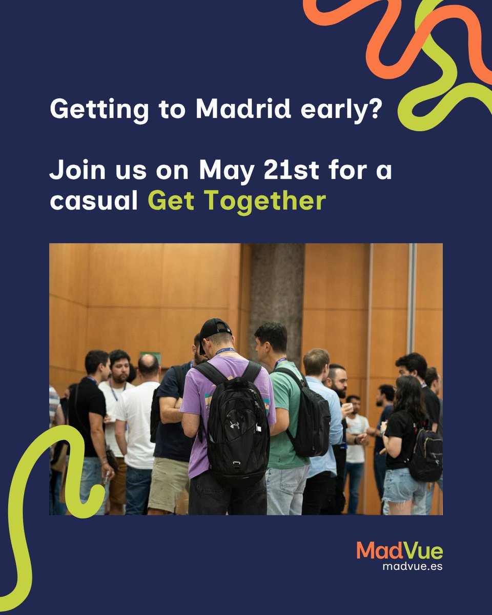 madvue_es's tweet photo. Getting early to Madrid? Join us on May 21st!ย ๐ย
Weโre hosting a casual #gettogether to break the ice before the big day. Check your inbox for all the details and see you there! ๐ป
If you haven't received the email, contact us and we'll share the info โบ๏ธ
#techconf #vueconf https://t.co/ddZRtzr0I5