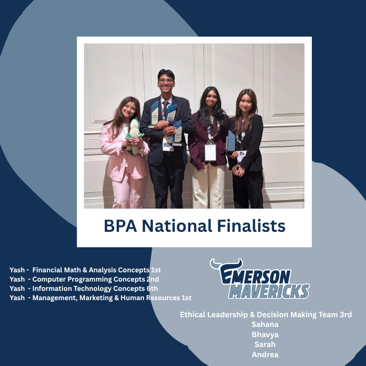 EHSFrisco's tweet photo. Huge congratulations to our **Business Professionals of America** National finalists in Nashville! 🏆🎉 Yash earned 2 national titles, plus 2nd &amp; 6th place finishes. Sahana , Bhavya , Sarah &amp; Andrea placed 3rd in Ethical Leadership! 💙 https://t.co/NXNVgmNCIM
