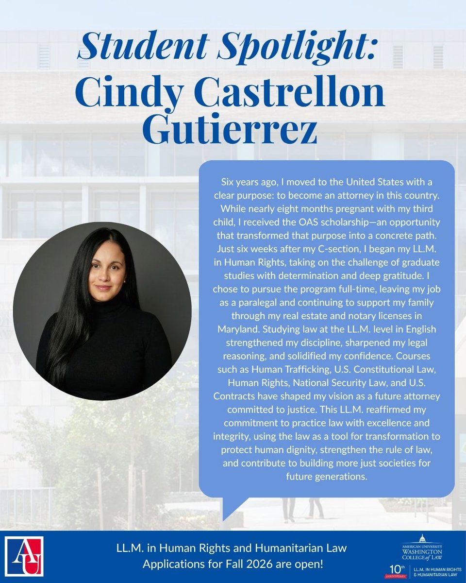 HumanRightsLLM's tweet photo. Meet Cindy Castrellon Gutierrez, an LL.M. Student in our residential program!

Apply here/ Aplica aquí: https://t.co/2YBOUBeZPC
Contact/ Contacto: humanrightsllm@wcl.american.edu
More info/ Más información: https://t.co/GsYwYk3koU https://t.co/WV6qqC6vaf