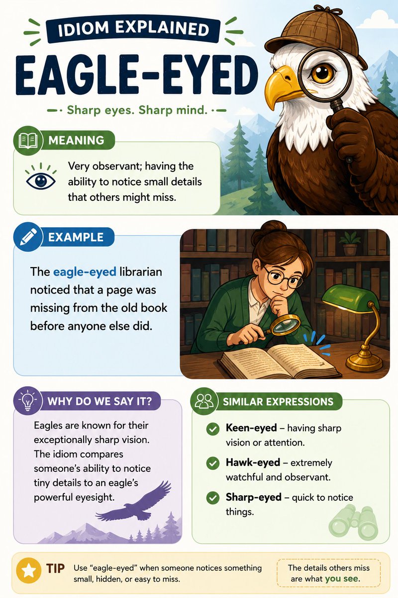 Herminio_EOI's tweet photo. ✔️Eagle-eyed

》Used to refer to a person who is very observant and able to notice small details.

▪︎ The eagle-eyed editor spotted the typo immediately.
▪︎ Thanks to her eagle-eyed mother, the missing earring was finally found under the sofa.

#Learning #English #vocabulary https://t.co/xM3ACzxh4S