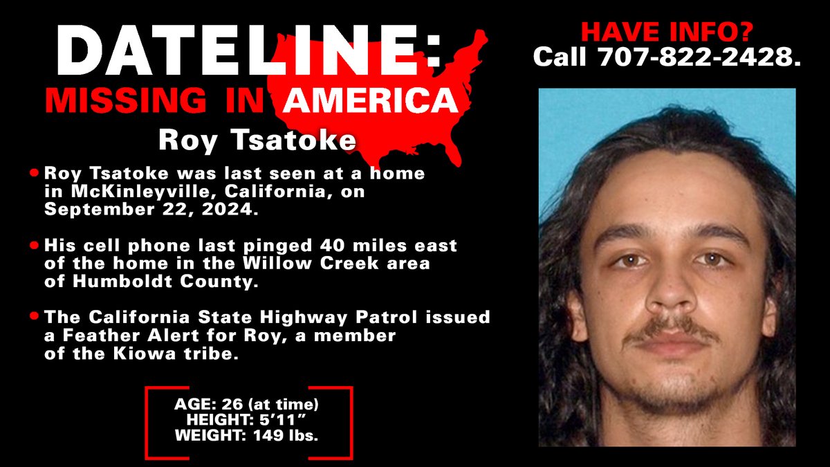 DatelineNBC's tweet photo. Roy Tsatoke has been missing from Humboldt County, California, for nearly two years. His mother is determined to find him. #Dateline #MissingInAmerica https://t.co/TweXBHfsFS https://t.co/yQRehyBStc