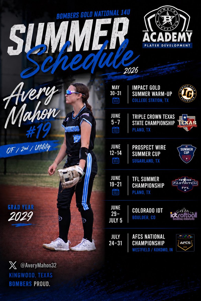 AveryMahon32's tweet photo. 🚨 🚨 2026 Summer season loading… ⏳🔥
Ready for summer ball now that playoffs are over. A full summer ending at the 2026 AFCS Championship in Indiana.
#BlueBloods #BombersAcademy
#2029Grad
#Kingwood
#Bombers
@BombersGoldNat
@caseyanderson22
@reagannschwartz
@SladeMaloney
@KingwoodSB
@christawill14
@vypehouston
@TakeCharge_SB @ExtraInningSB @LineDsoftball @softbalamerica @ondecksoftball @fastpitchwatch @prepsoftball @usasoftballREC @softball_home
@ExtraInningSB @SoftbalAmerica @LineDsoftball @FastpitchAthRec @SportPrepX @SunilSportsNews @outsidethechute @aglsoftball @thealliancefp @LegacyLegendsS1 @CoastRecruits @THEWOWSB @fastpitchwatch @SoftballDown @UncommittedUsa @TopPreps @tp_softball @SoftballDown @SoftballHome @Softball_Home @UWAA_United