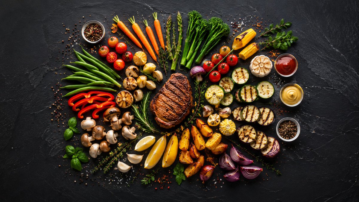 walidlabs's tweet photo. Elite knolling food deconstruction art — ستيك ومرافق and تشكيلة خضروات, arranged in a precise دوامة شعاعية on حجر أردوازي, ألوان جوهرة color palette, ️ طبيعي ساطع, تحريري فاخر, منعش ونظيف aesthetic, professional ماكرو مقرب, ultra high resolution, commercial photography, hyperrealistic details, perfect spacing, magazine quality --style Image 2.0