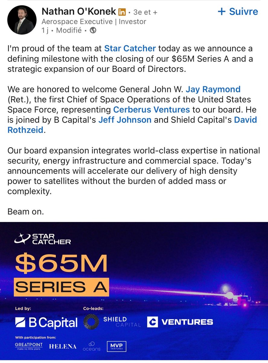 TechInnovationz's tweet photo. $IONQ 

A power grid. In orbit. Not for Earth for other satellites.

Star Catcher just closed a $65M Series A. Proof point: 1.1 kW beamed by laser to a satellite, November 2025 at NASA Kennedy Space Center. World record, beating DARPA's prior 800W.

Their thesis: by 2030, satellites will need 20x more power. Onboard solar panels don't scale anymore.

What the build looks like:

→ Planned constellation of ~200 power nodes at 1,500–2,000 km
→ Optical beaming: 100W to 100kW transmitted directly to existing client solar panels
→ No retrofit. 2x to 10x more power on demand.

Track record so far:

→ March 2025 - first ground demo, 100W beamed at Jacksonville Jaguars' EverBank Stadium
→ November 2025 - world record 1.1 kW at NASA Kennedy Space Center
→ Late 2025 - acquisition/tracking software flight-tested on a Loft Orbital satellite

→ Late 2026 - first space-to-space in-orbit demo planned

→ 7 Power Purchase Agreements signed. $60M in contracts. $3B qualified pipeline.

Who's building this. The founding team comes out of Made In Space → Redwire (NYSE:RDW), one of the top solar array suppliers to the ISS:

→ Andrew Rush (CEO) - ex-CEO Made In Space, ex-COO Redwire. Led iROSA, the program that replaced the ISS's solar arrays. NASA Advisory Council member.
→ Michael Snyder (CTO) - ex-CTO Redwire. 50+ patents, AIAA Lawrence Sperry Award 2022.

The signal worth pausing on: the two people who spent their careers building solar arrays for the ISS left Redwire in 2024 to build a company whose thesis is that solar arrays alone aren't enough. When the experts of the problem leave the incumbent to solve it from above, the market is worth tracking.

Customers already on contract: Starcloud (orbital data centers with NVIDIA H100 GPUs), Astro Digital, Loft Orbital, Satlyt, Mission Space.

New board, announced this week: General Jay Raymond - first Chief of Space Operations of the U.S. Space Force representing Cerberus Ventures, alongside Jeff Johnson (B Capital, Head of Energy) and David Rothzeid (Shield Capital, ex-Air Force Acquisition Officer, ex-DIU).

Raymond also sits as Special Advisor at $IONQ . Same general, two boards in adjacent corners of space-defense infrastructure. Read into it what you want.

One sector worth tracking.

#SpaceTech #SpacePower #SpaceInfrastructure