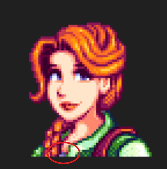 JacksonM95's tweet photo. @ConcernedApe When I was putting together my Leah desk friend, this one pixel gave me pause. Is the purple/gray shape on Leah's portrait meant to be an undershirt, or a bow on her braid? https://t.co/keWPhj0LBS