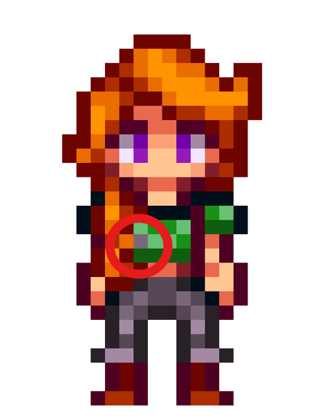 JacksonM95's tweet photo. @ConcernedApe When I was putting together my Leah desk friend, this one pixel gave me pause. Is the purple/gray shape on Leah's portrait meant to be an undershirt, or a bow on her braid? https://t.co/keWPhj0LBS