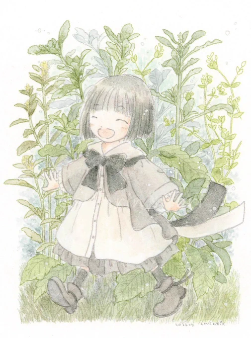 「くさはら抜けて」 透明水彩・ウォーターフォード・デジタル主線 2026年5月 草の間を通り抜けて、向こうには何があるかな おいしいもの?たのしいこと? #オノマトペ_とことこ