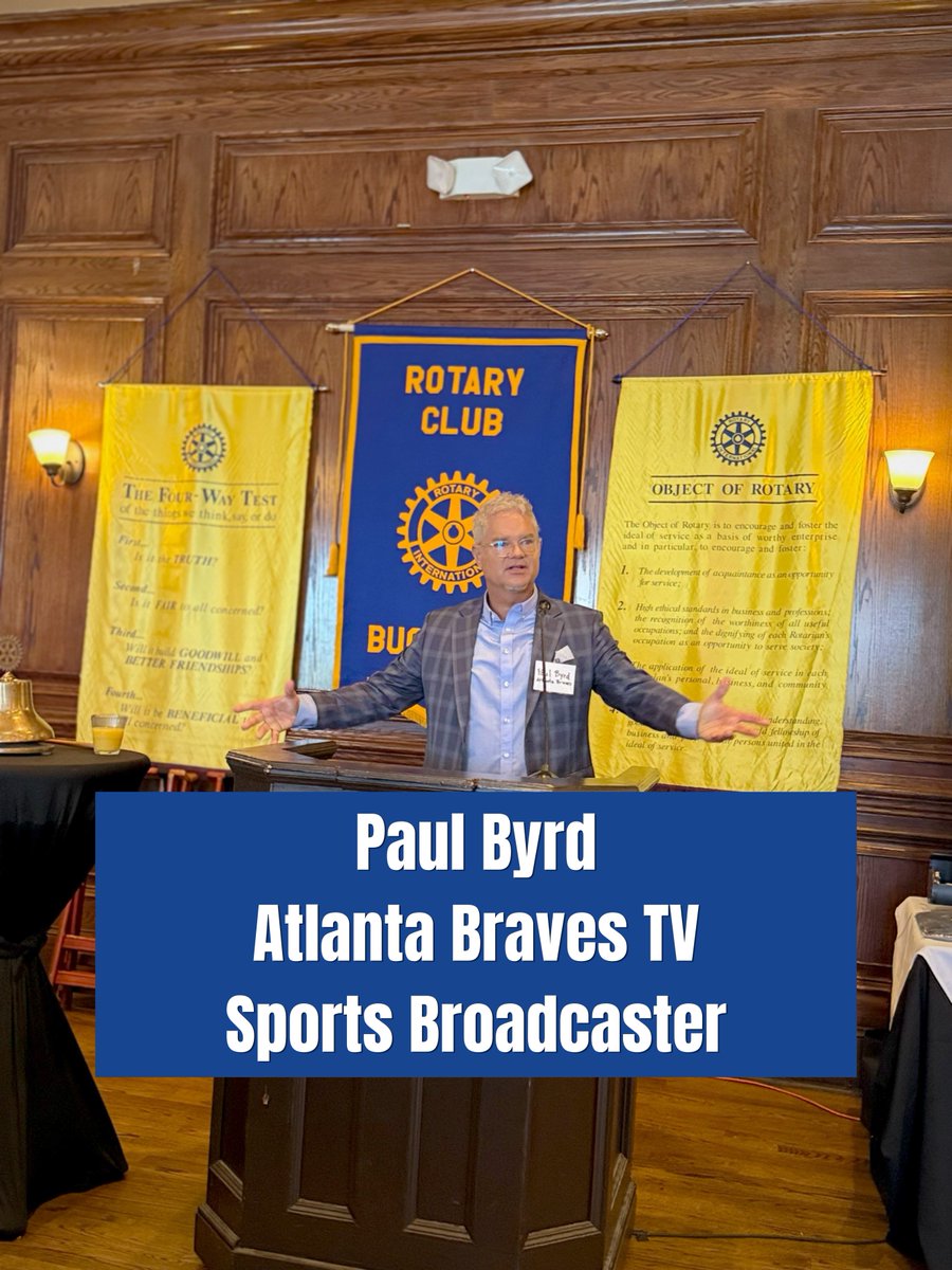 BuckheadRotary's tweet photo. What a great Monday at Buckhead Rotary!

Former MLB pitcher and current @Braves TV broadcaster Paul Byrd 🎤 brought humor, heart, and unforgettable stories — including Glenn Hubbard hiding a pet rat in the baseball bag to keep pitchers out 😂

His closing message: Be Brave. https://t.co/qo0gcGEiwI