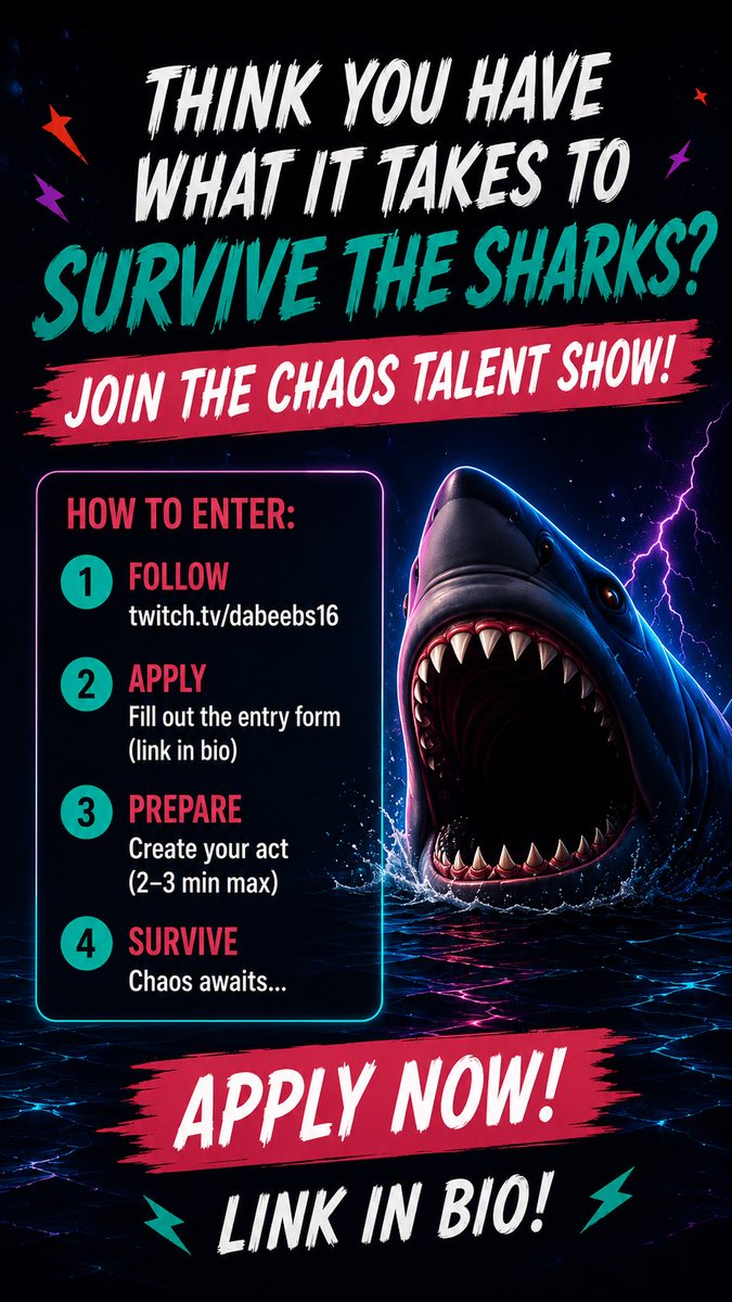 dabeebs16's tweet photo. 🦈 THE SHARK TALENT SHOW NEEDS CONTESTANTS 🦈
Singers. Dancers. Artists. Comedians. Absolute wild cards.
If you’ve got a talent (or something dangerously close to one), we want YOU in the show.
🎭 Live during the 400 Follower Chaos Stream 🎁 Prizes + live reactions + community voting
APPLY HERE: https://t.co/ns17NdkZaK
📅 June 27 • 12PM EST 📍 https://t.co/CIbA1sAZoB