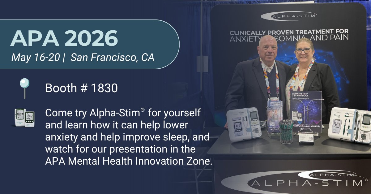 AlphaStim's tweet photo. Join us at the 2026 APA Annual Meeting (May 16–20) to learn how Alpha-Stim CES is being integrated into psychiatric care as a non-drug option for anxiety and insomnia. https://t.co/InwmMkIZZB