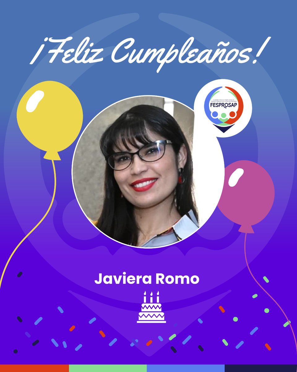 fesprosap's tweet photo. Un afectuoso saludo de cumpleaños a nuestra socia y dirigenta del Sind. de Profesionales de Clínica Indisa, Javiera Romo.
Desde FESPROSAP le deseamos un nuevo año lleno de salud, alegría y éxitos, reconociendo siempre su compromiso y trabajo en defensa de las y los trabajadores. https://t.co/5AVn6PBn1k