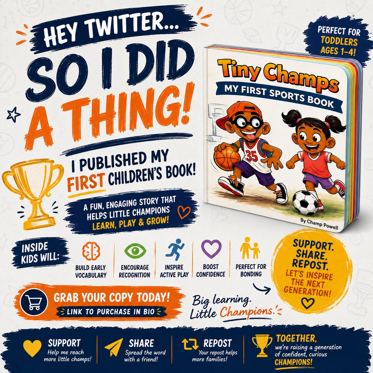 iamchamppowell's tweet photo. Hey  twitter… so I did a thing.

Officially a published children’s book author now.
Tiny Champs out here 📚

https://t.co/KXFQREKk1Y

let’s get this in front of every kid that needs it.
#childrensbooks https://t.co/hGhuLBqg9e
