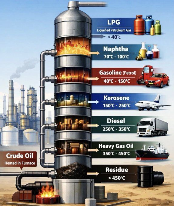 jackprandelli's tweet photo. 🛢️One barrel of crude becomes 7 different products in a refinery

💥When the refinery burns, all 7 disappear

When you hear "Ras Tanura refinery shut down," most people think: "Gasoil prices go up."

But look at what actually comes out of one barrel:
→ LPG (<40°C): Cooking gas, heating
→ Naphtha (70-100°C): Petrochemicals, plastics, pharmaceuticals
→ Gasoline (40-150°C): Cars, transportation
→ Kerosene (150-250°C): Jet fuel, aviation
→ Diesel (250-350°C): Trucks, shipping, logistics
→ Heavy Gas Oil (350-450°C): Marine fuel, industrial heating
→ Residue (>450°C): Asphalt, industrial processes

1 barrel, 7 products.

When a refinery burns, you lose all 7 at once.

Why refinery destruction is worse than crude shortage?

Crude shortage:
→ Less oil to process
→ Refineries still convert what's available
→ System runs at lower capacity

Refinery destruction:
→ Crude available but no capacity to convert it
→ Crude sits in storage or gets shut in
→ All downstream products disappear simultaneously

What's offline now?
→ Ras Tanura (Saudi's largest): Shut down
→ Tehran refineries: Destroyed (20M+ liters/day gasoline offline)
→ South Pars gas: 60% offline

When refineries go offline, what stops?
→ Jet fuel: Airlines can't refuel, routes cut
→ Diesel: Trucks stop, logistics break
→ Naphtha: Petrochemicals, plastics, pharma production stops
→ LPG: Cooking gas, heating shortages
→ Gasoline: Transportation fuel

You can have all the crude in the world.

Without refineries, you can't convert it into usable products.