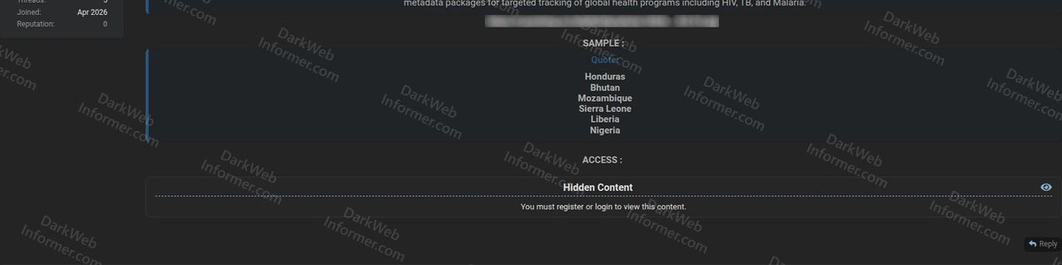 DarkWebInformer's tweet photo. ‼️🌐 District Health Information Software (DHIS2) allegedly breached: access shared to national health systems across more than 30 countries serving 3.2 billion people

A threat actor is sharing access touching the District Health Information Software (DHIS2) instances of more than 30 national ministries of health.

DHIS2 is the world's largest open-source health management information system (HMIS) platform, used by over 75 countries to manage data for 3.2 billion people, supporting national health information systems, disease surveillance, vaccine tracking, and supply logistics.

The actor states the affected systems are the main administrative data of record for monitoring public health services, tracking case-based epidemics, outbreak responses, and immunization programs, and include WHO-configured metadata packages for HIV, TB, and Malaria.

▸ Actor: Keymous
▸ Sector: Government / Public Health Information Systems
▸ Type: Access / Data Breach
▸ Records: National HMIS platforms covering more than 30 countries
▸ Countries: Burundi, Eritrea, Ethiopia, Kenya, Rwanda, Tanzania, Uganda, Zambia, Zanzibar, Benin, Burkina Faso, Ghana, Guinea, Liberia, Mali, Mauritania, Niger, Nigeria, Senegal, Sierra Leone, Cameroon, Chad, Equatorial Guinea, Botswana, Eswatini, Lesotho, Madagascar, Malawi, Mauritius, Mozambique, Namibia, Bangladesh, Bhutan, Nepal, Sri Lanka, Cambodia, Myanmar, Costa Rica, El Salvador, Guatemala, Honduras, Nicaragua, Panama (additionally listed as under check: Morocco, Iraq, Lebanon)

Compromised data:

▪ Main administrative data of record for national public health services
▪ Case-based epidemic monitoring and outbreak response data
▪ Immunization program data
▪ WHO-configured metadata packages for HIV
▪ WHO-configured metadata packages for TB (Tuberculosis)
▪ WHO-configured metadata packages for Malaria
▪ Disease surveillance feeds
▪ Vaccine tracking data
▪ Supply logistics records
▪ Access touching the ministries of health for Honduras, Bhutan, Mozambique, Sierra Leone, Liberia, Nigeria, and other countries listed above

Stop guessing what's redacted. Subscribers see everything → https://t.co/281Qjc6WSh