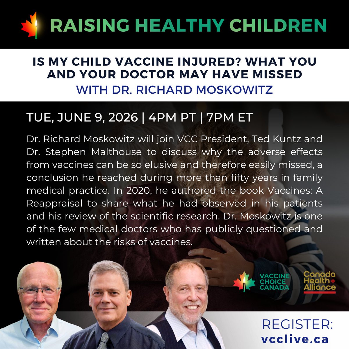 VaccineChoiceCA's tweet photo. Join us June 9th for a live interview with Dr. Richard Moskowitz!
Register today:
https://t.co/N1QOh6Cmtn
#raisinghealthychildren #doctorsspeakup #pediatrician #liveinterview #healthyliving https://t.co/rJxITAQhhf