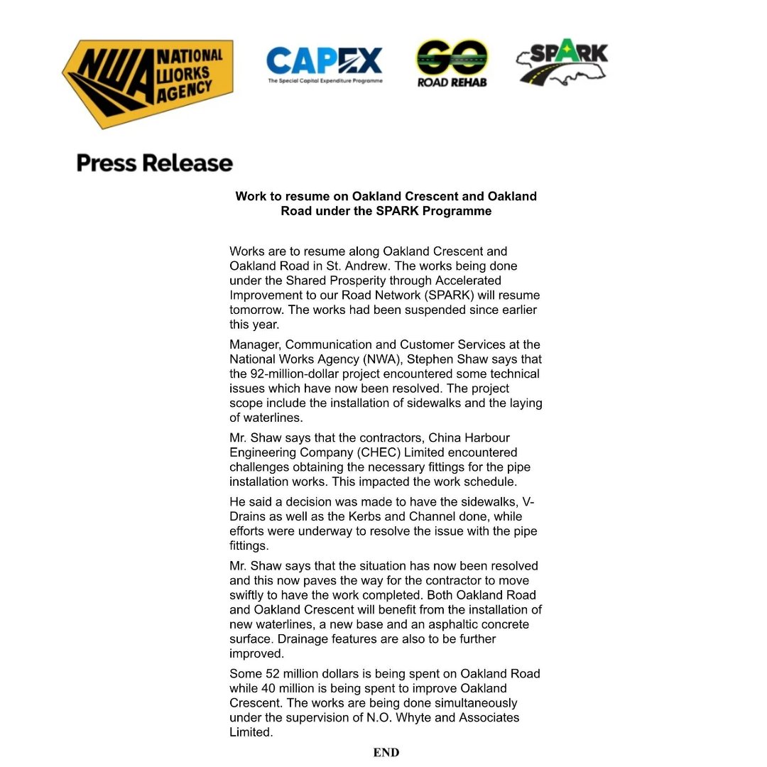 NWA_JA's tweet photo. #NWAUpdate Works to resume on Oakland Crescent and Oakland Road under the SPARK tomorrow, May 14, 2026 🚧⚒️

Please see press release 👇🏾 for more information.

#nwajamaica 
#SparkJamaica 
#askspark https://t.co/mjsC9aUny8
