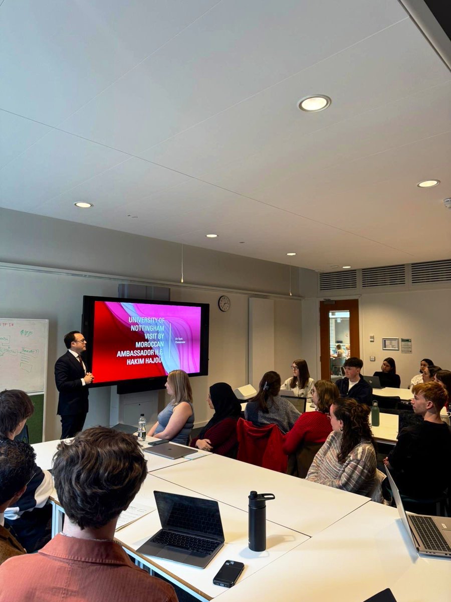 MOROCCOinUK's tweet photo. Excellent visit to the University of Nottingham yesterday.

A real pleasure to engage with final-year students of 🇲🇦 Dr Tarik Oumazzane’s “Voices from North Africa” course for a roundtable discussion on Morocco’s foreign policy and 🇲🇦🇬🇧 relations. https://t.co/z1pIYTUkw4