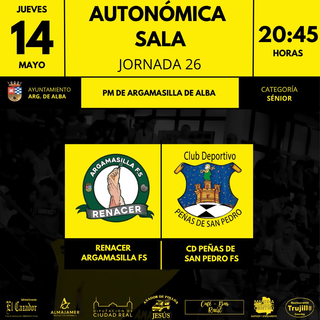 RenacerFs's tweet photo. |SÉNIOR|

📅 Jueves 14/05
🏆 Primera Autonómica Sala, Jornada 26
🆚 CD Peñas de San Pedro FS
📍PM de Arg. de Alba
🕑 20:45

Último partido de la temporada para nuestro Sénior con el objetivo de terminar de la mejor manera.
¡Os esperamos!

#PasiónPorLoNuestro https://t.co/XDoWQi9AzX