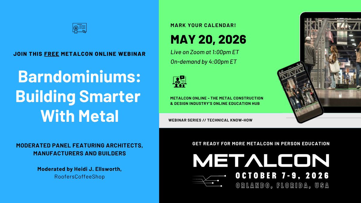 metalcon's tweet photo. Barndominiums are one of the hottest trends in metal construction. 

Join Heidi J. Ellsworth and industry experts for a live METALCON Online discussion on design, materials, codes, collaboration &amp; market opportunities.

Register now:
https://t.co/bAi3CXV0u0 https://t.co/3wBCaFveMA