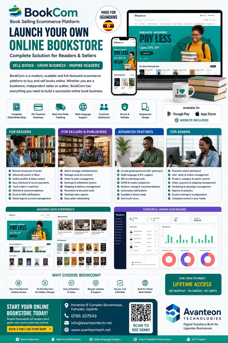 avanteontech's tweet photo. 📚🇺🇬 Launch your own Online Bookstore with BookCom 🚀

✅ Secure Payments
✅ Order Tracking
✅ Customer Dashboard
✅ Admin Panel
✅ Multi-language Support
✅ Mobile Friendly Website
Perfect for bookstores, publishers &amp; authors.
📞 0766 207549
🌍 https://t.co/K7bKQoUioY
#BookCom https://t.co/7zMFvQc38j