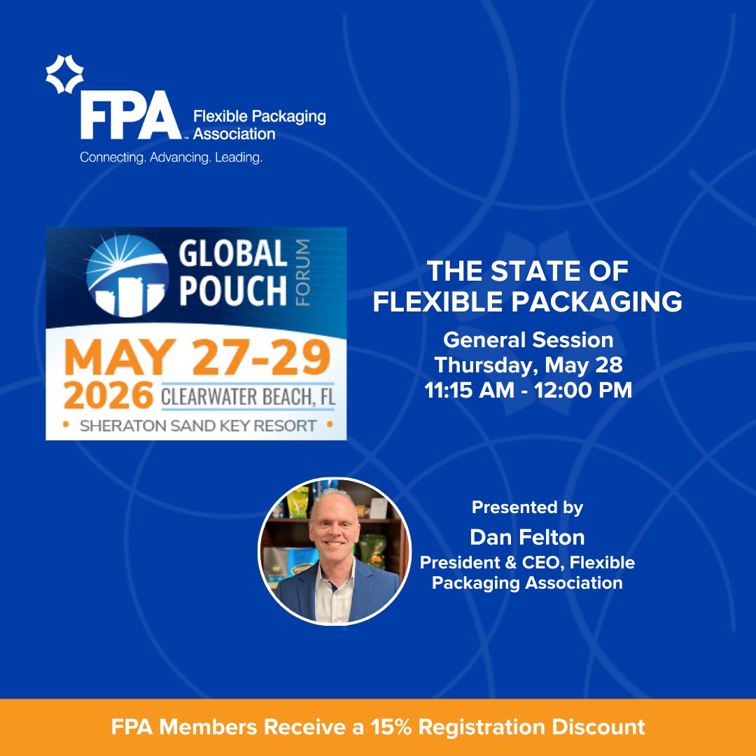FlexPackOrg's tweet photo. Join FPA President &amp; CEO, Dan Felton at #GlobalPouchForum2026, as he examines the key CPG trends shaping the flexible packaging industry.
​
📍 Sheraton Sand Key Resort​
🕰️  May 28 | 11:15AM – 12:00PM​
​
🚨 FPA members receive 15% off using: FPA15​
➡️ https://t.co/7RL3zJbdVz https://t.co/3LlC02Mp3y