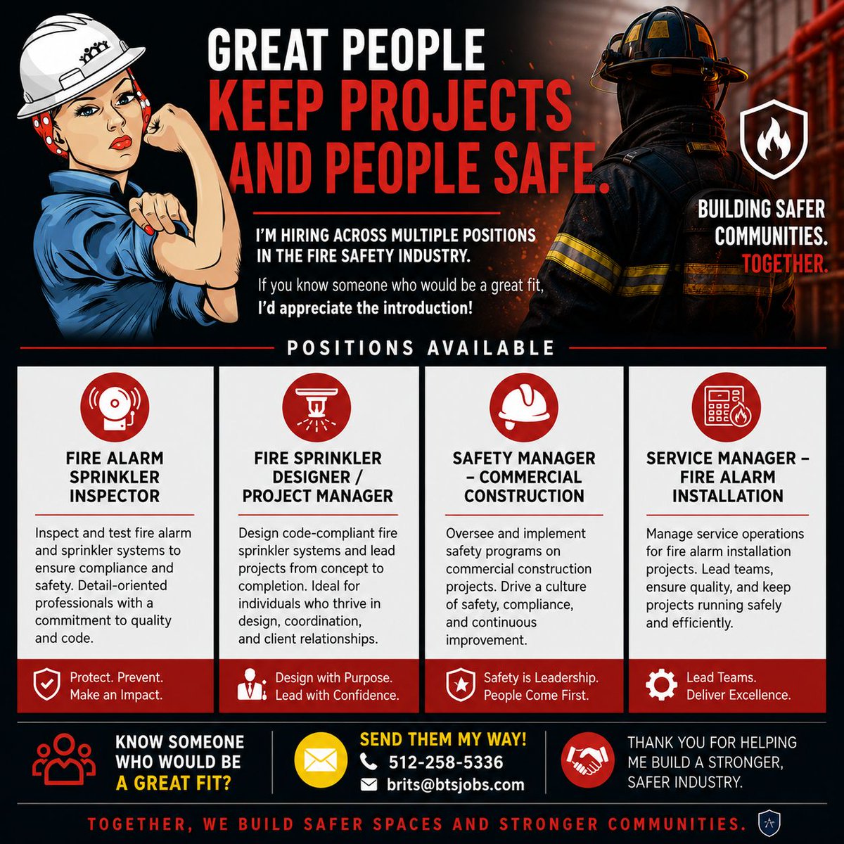 BritBTS's tweet photo. 🚨 NOW HIRING | FIRE PROTECTION INDUSTRY | AUSTIN, TX 🚨

#HIRING
🔥 Fire Alarm/Sprinkler Inspection
🔥 Fire Sprinkler Design + PM
🔥 Safety Management
🔥 Fire Alarm Service Management

📞 512-258-5336
📧 brits@btsjobs.com

#FireProtection #FireAlarm #ConstructionJobs #AusTX https://t.co/3GnEGSRyvB