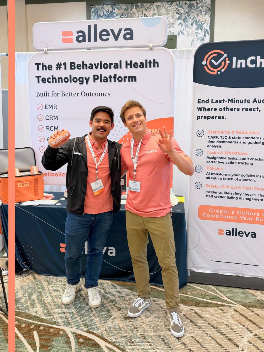 Alleva_emr's tweet photo. Great week at NAATP National 2026 in Amelia Island.

Loved all the conversations around compliance, AI, and InCheck. Thanks to everyone who stopped by to connect with John David and Chase Temple.

See you next year!

#NAATP #BehavioralHealth #Alleva https://t.co/5nsq1vdTHa